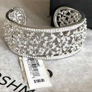 Rhinestone Cuff  Bracelet Silver Tone Crystals Floral Wedding
